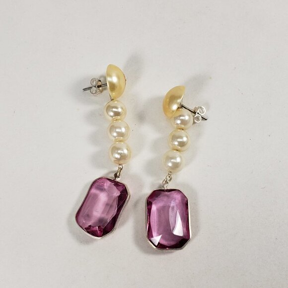 Off-White Bead Rectangular Shape Purple Stone Post Drop Dangle Earrings - Women - Picture 5 of 7